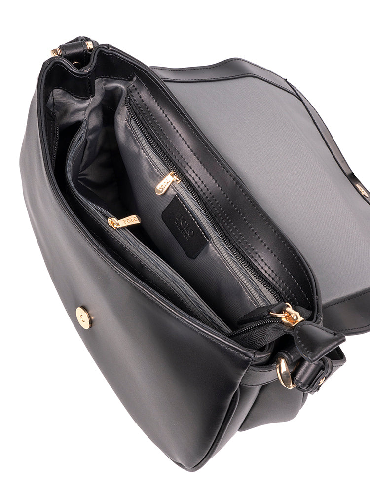 Polo Box Calf Flapover Shoulder Bag - Black