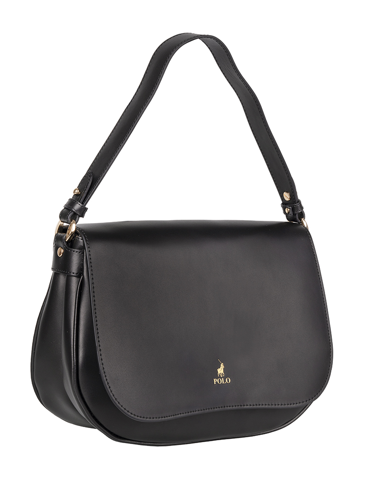 Polo Box Calf Flapover Shoulder Bag - Black