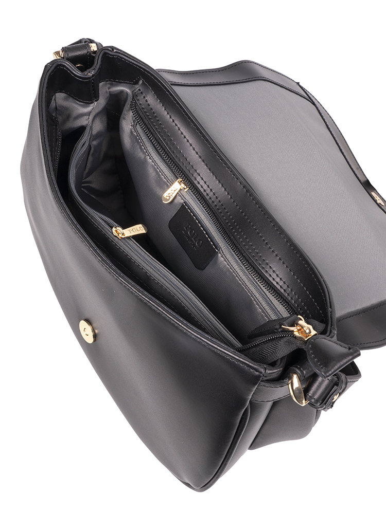 Polo Box Calf Flapover Shoulder Bag - Black