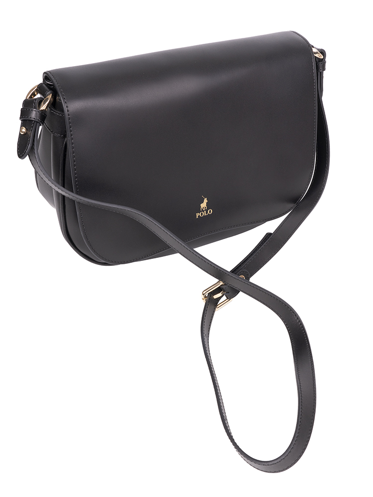 Polo Box Calf Flapover Shoulder Bag - Black